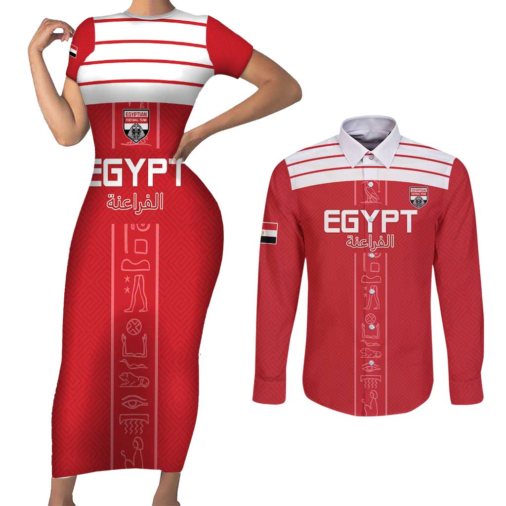 Custom Egypt Football Couples Matching Short Sleeve Bodycon Dress and Long Sleeve Button Shirt Yalla Yalla Pharaohs - Red Ver