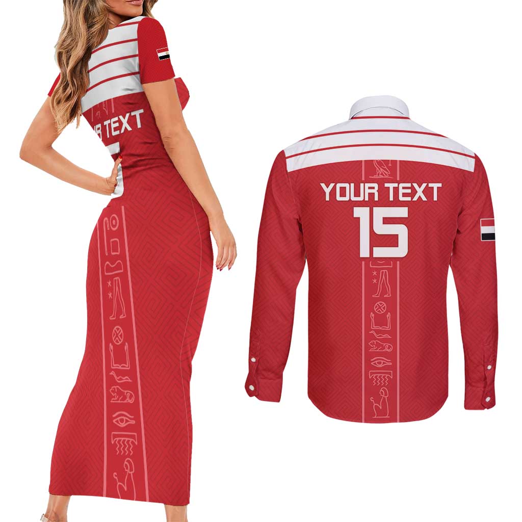 Custom Egypt Football Couples Matching Short Sleeve Bodycon Dress and Long Sleeve Button Shirt Yalla Yalla Pharaohs - Red Ver