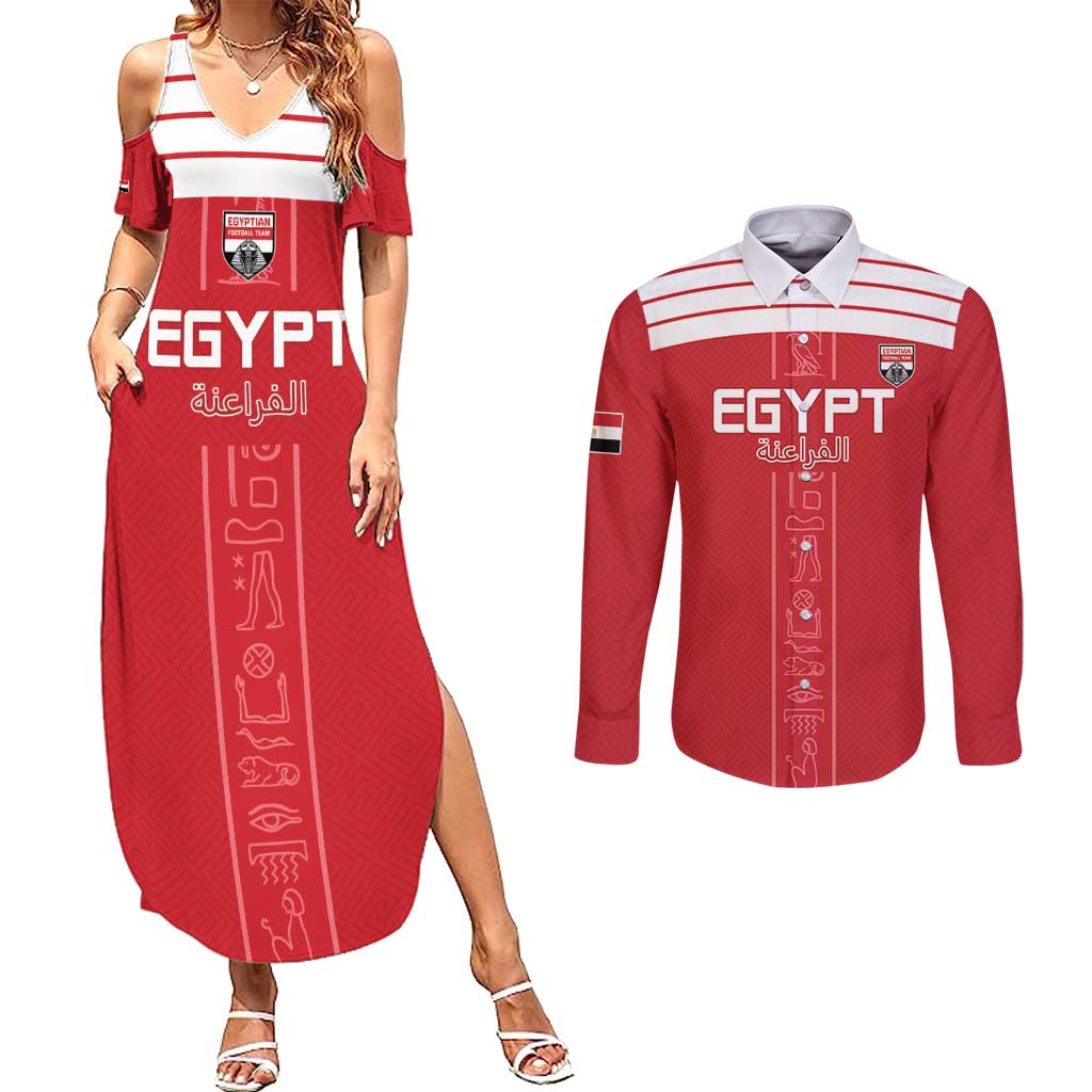 Custom Egypt Football Couples Matching Summer Maxi Dress and Long Sleeve Button Shirt Yalla Yalla Pharaohs - Red Ver