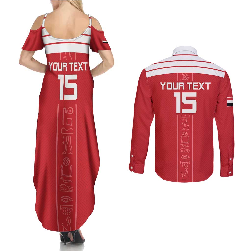 Custom Egypt Football Couples Matching Summer Maxi Dress and Long Sleeve Button Shirt Yalla Yalla Pharaohs - Red Ver