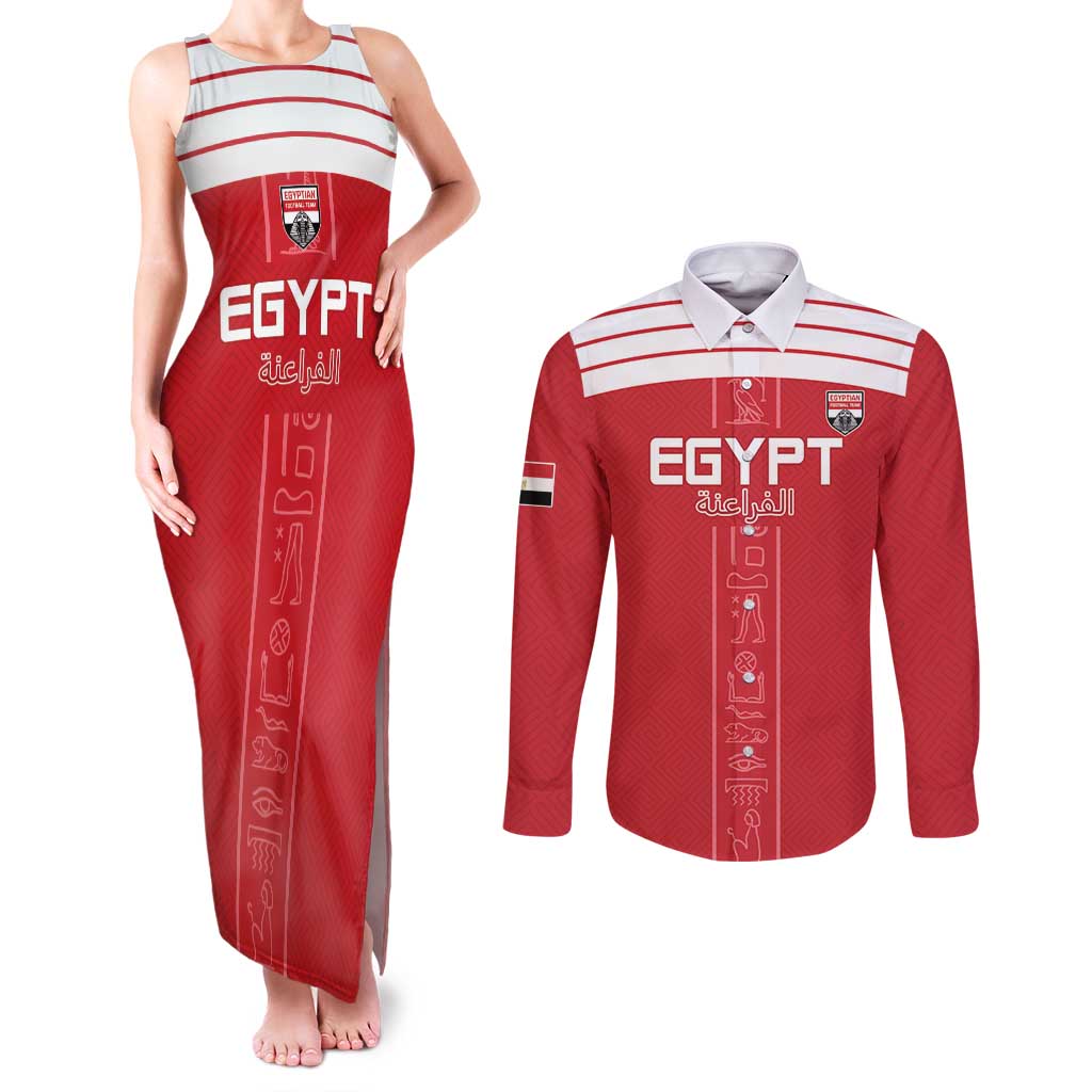 Custom Egypt Football Couples Matching Tank Maxi Dress and Long Sleeve Button Shirt Yalla Yalla Pharaohs - Red Ver