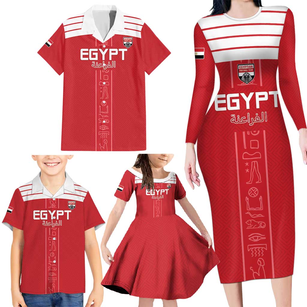 Custom Egypt Football Family Matching Long Sleeve Bodycon Dress and Hawaiian Shirt Yalla Yalla Pharaohs - Red Ver