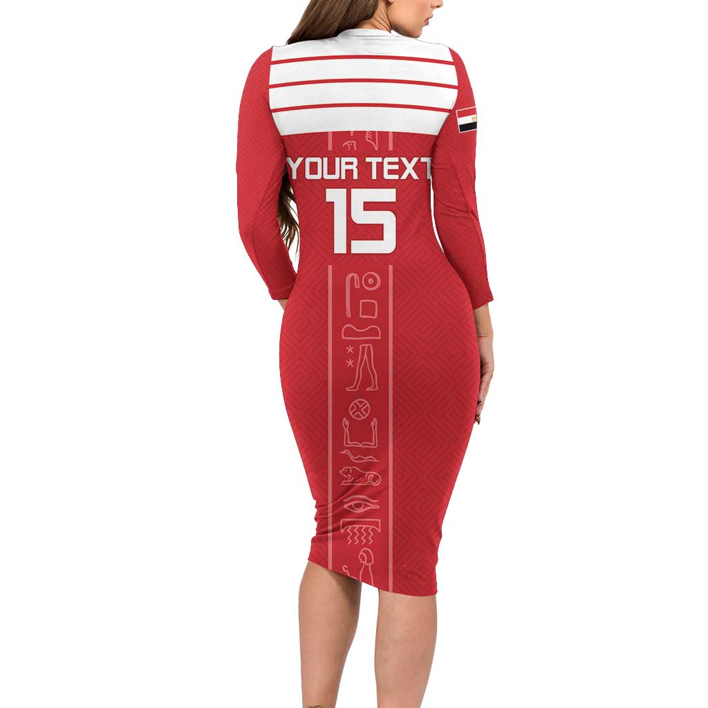 Custom Egypt Football Family Matching Long Sleeve Bodycon Dress and Hawaiian Shirt Yalla Yalla Pharaohs - Red Ver