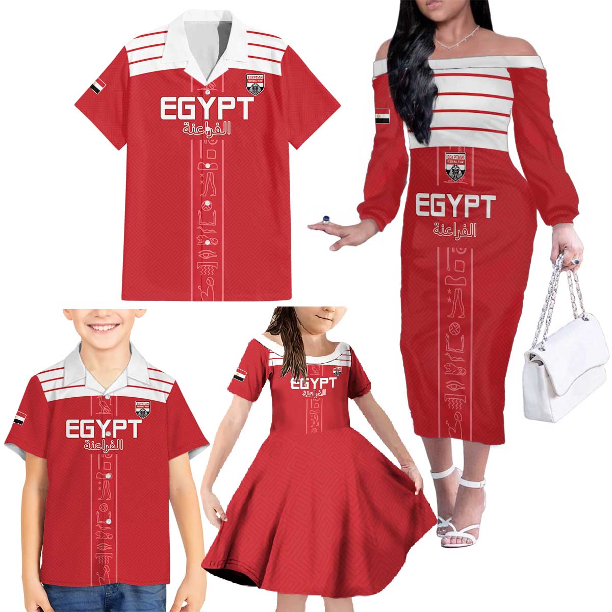 Custom Egypt Football Family Matching Off The Shoulder Long Sleeve Dress and Hawaiian Shirt Yalla Yalla Pharaohs - Red Ver