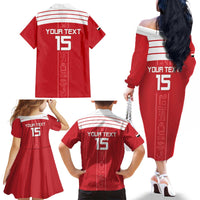Custom Egypt Football Family Matching Off The Shoulder Long Sleeve Dress and Hawaiian Shirt Yalla Yalla Pharaohs - Red Ver