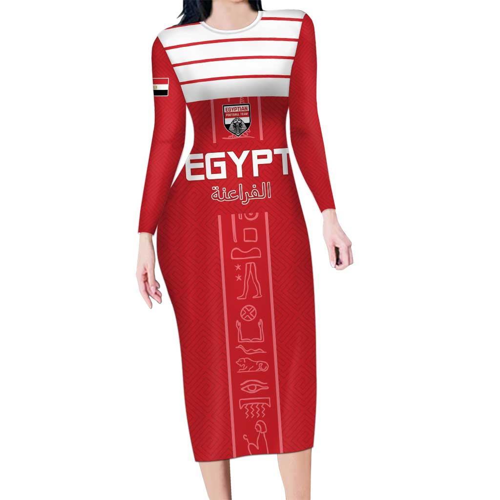 Custom Egypt Football Long Sleeve Bodycon Dress Yalla Yalla Pharaohs - Red Ver