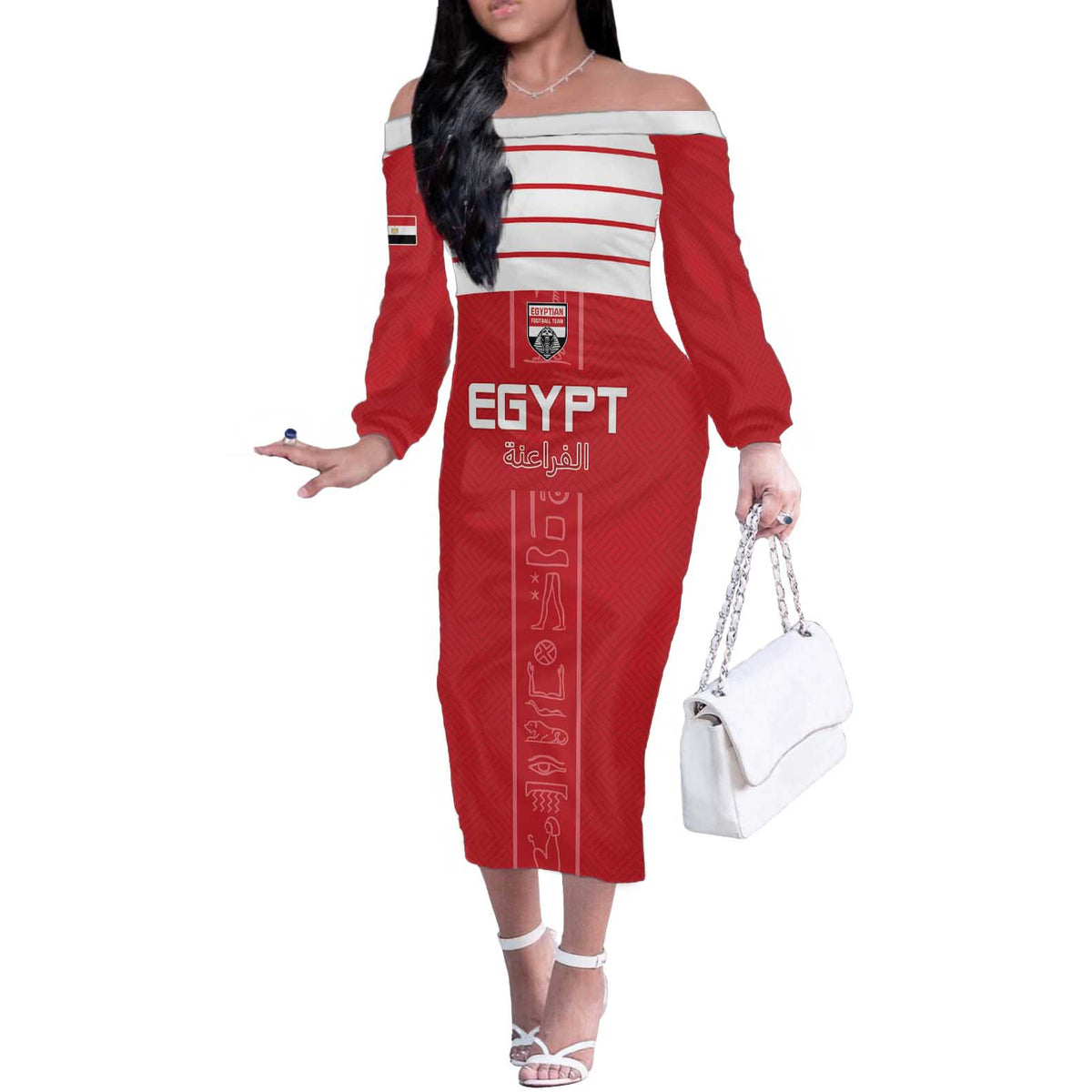 Custom Egypt Football Off The Shoulder Long Sleeve Dress Yalla Yalla Pharaohs - Red Ver