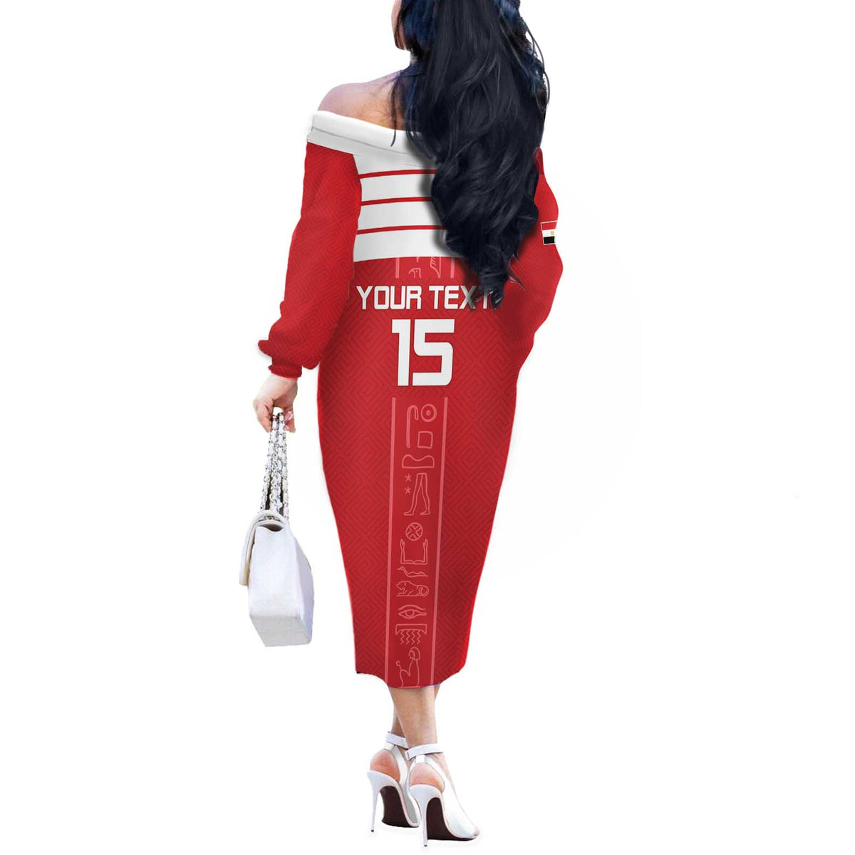 Custom Egypt Football Off The Shoulder Long Sleeve Dress Yalla Yalla Pharaohs - Red Ver