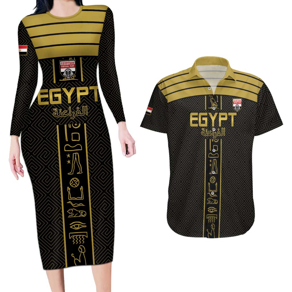 Custom Egypt Football Couples Matching Long Sleeve Bodycon Dress and Hawaiian Shirt Yalla Yalla Pharaohs - Black Ver