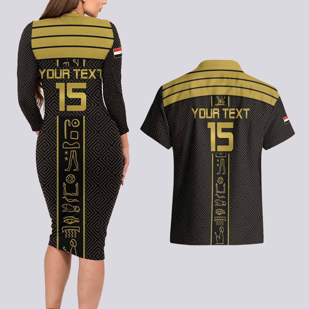 Custom Egypt Football Couples Matching Long Sleeve Bodycon Dress and Hawaiian Shirt Yalla Yalla Pharaohs - Black Ver