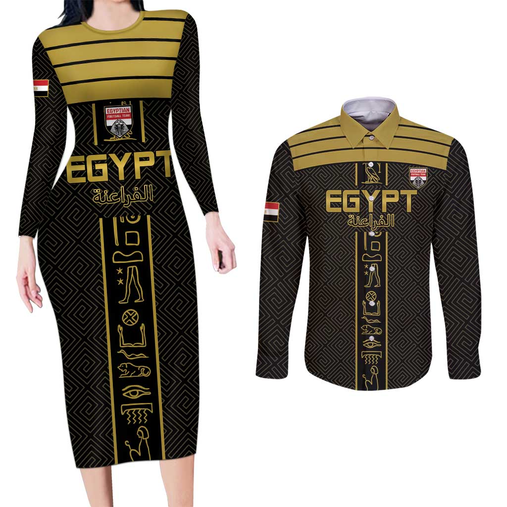 Custom Egypt Football Couples Matching Long Sleeve Bodycon Dress and Long Sleeve Button Shirt Yalla Yalla Pharaohs - Black Ver