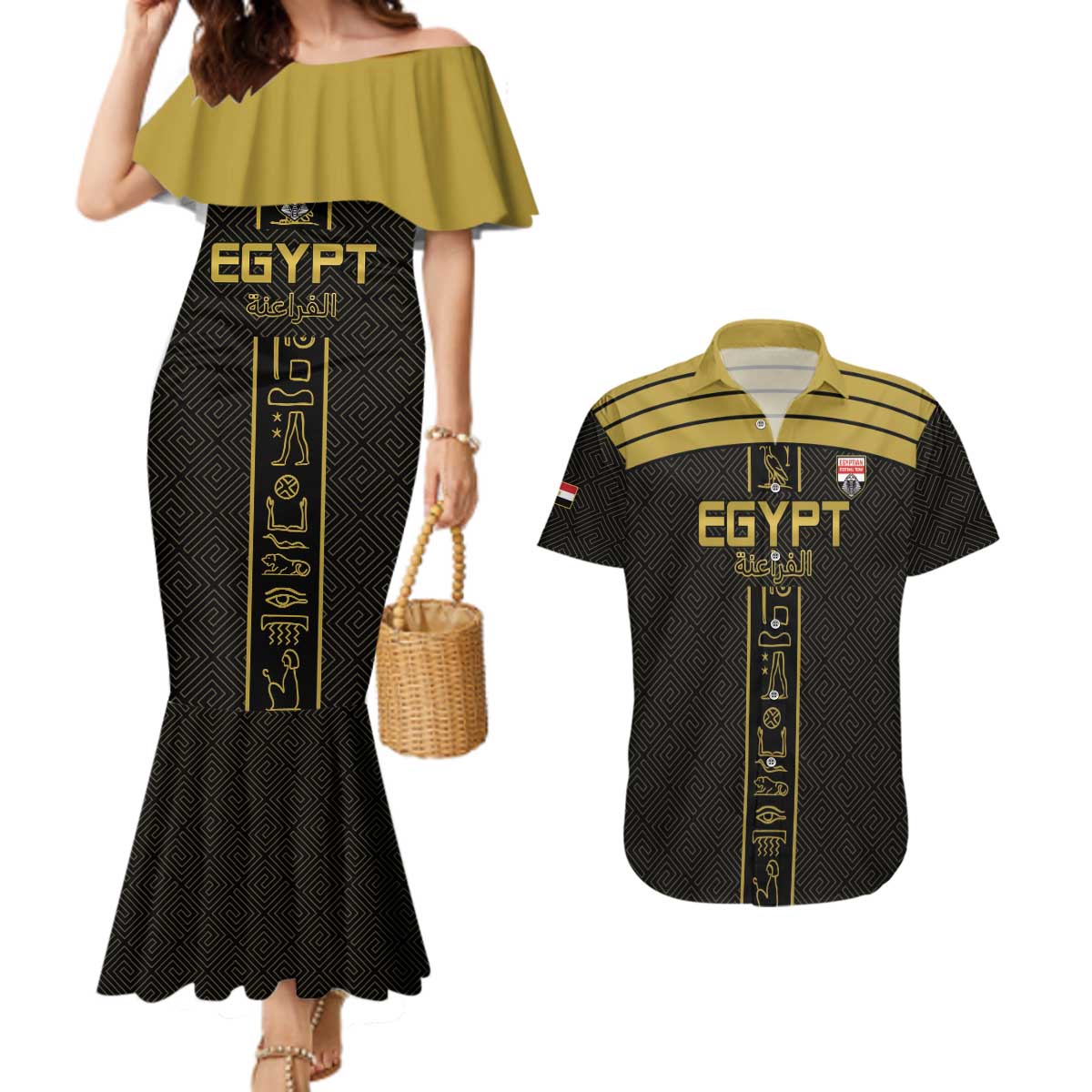Custom Egypt Football Couples Matching Mermaid Dress and Hawaiian Shirt Yalla Yalla Pharaohs - Black Ver