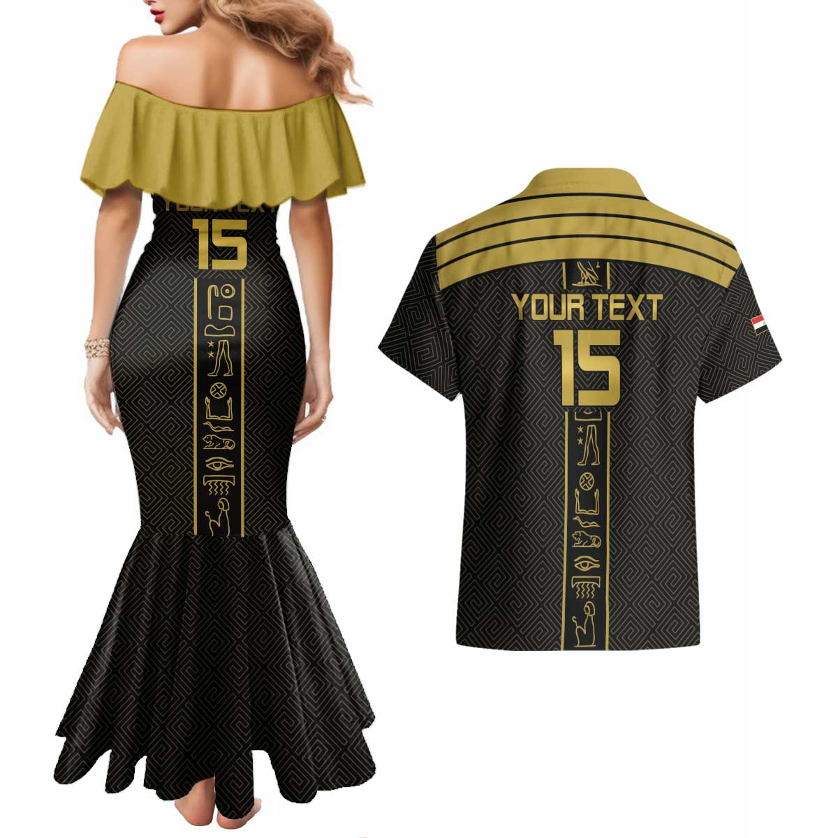 Custom Egypt Football Couples Matching Mermaid Dress and Hawaiian Shirt Yalla Yalla Pharaohs - Black Ver