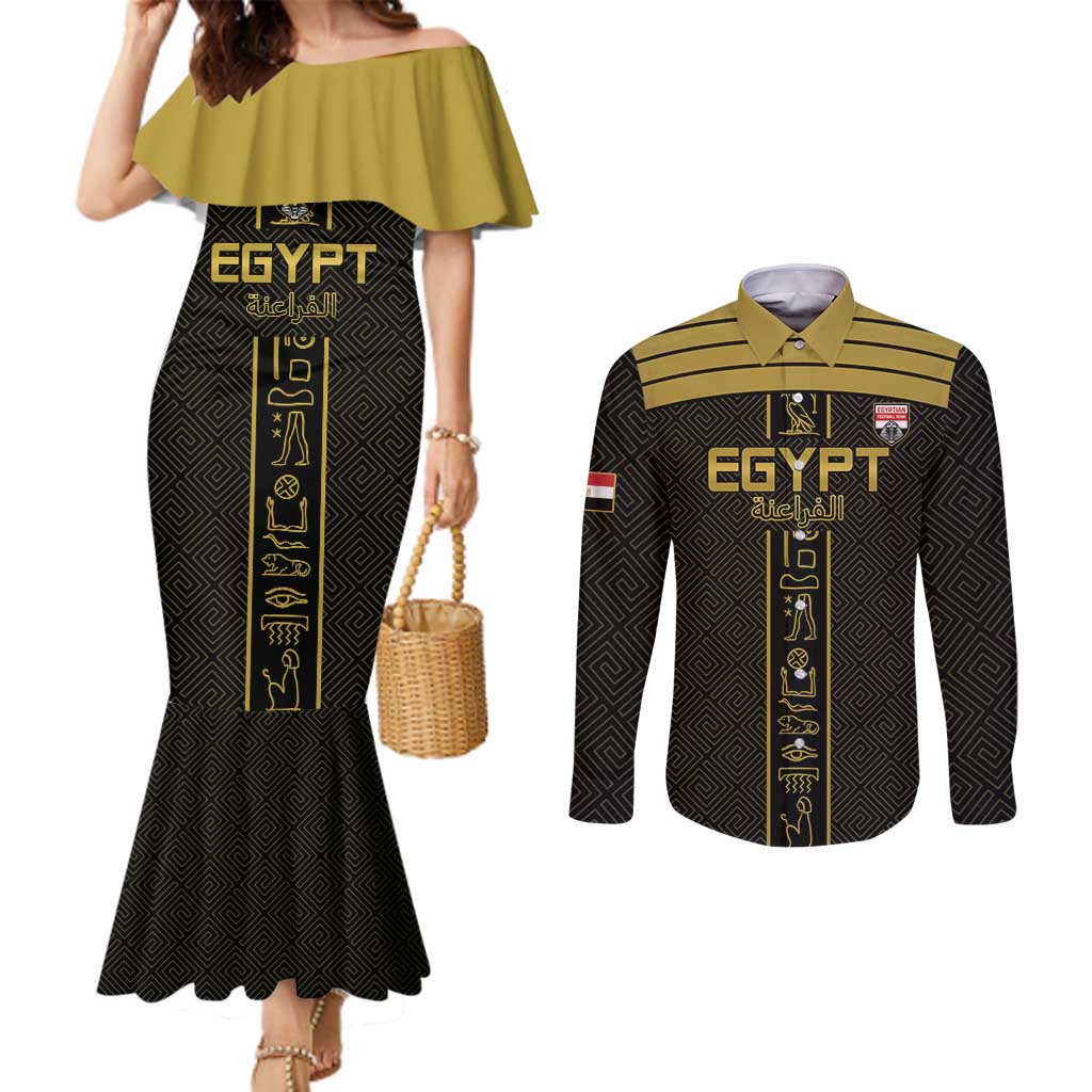 Custom Egypt Football Couples Matching Mermaid Dress and Long Sleeve Button Shirt Yalla Yalla Pharaohs - Black Ver