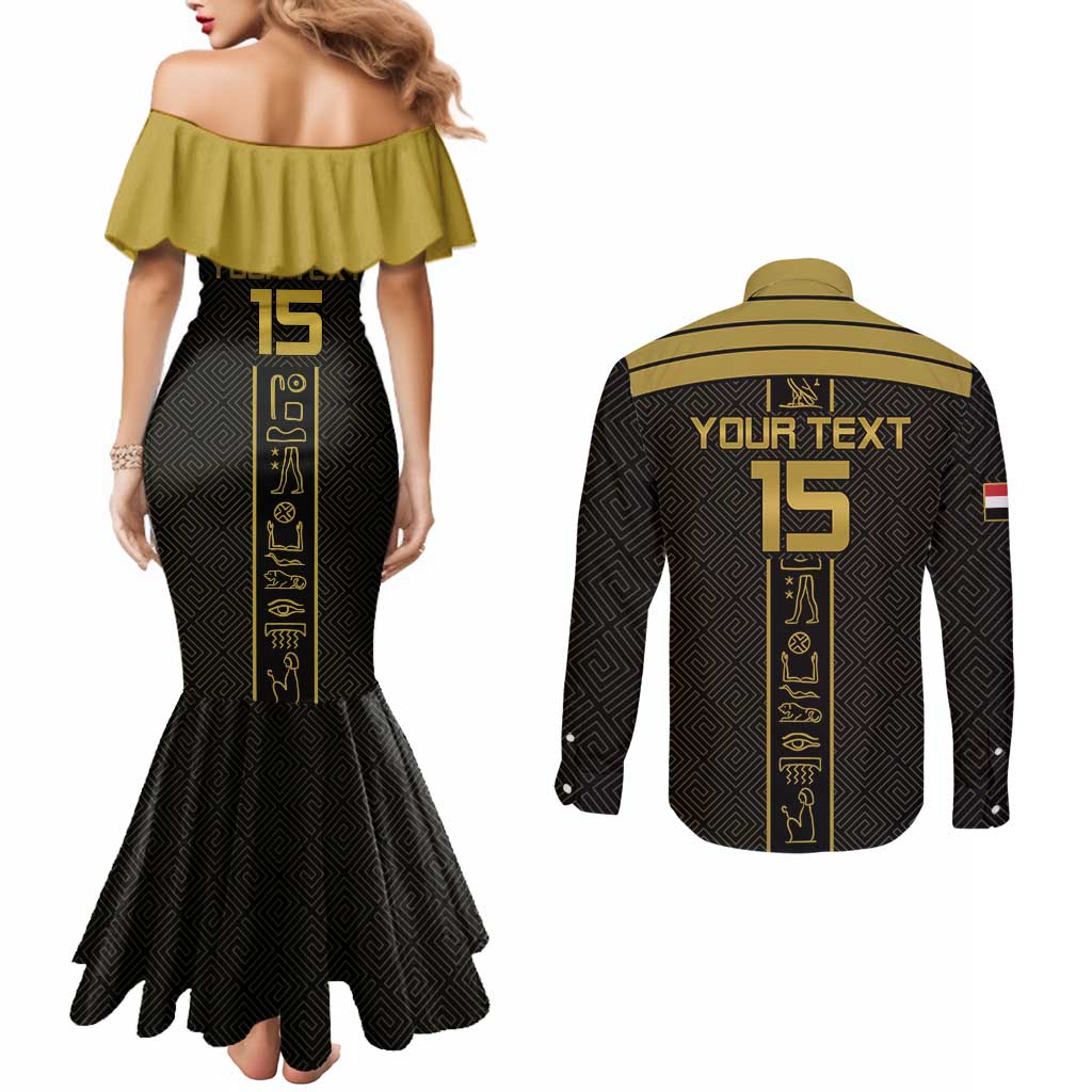 Custom Egypt Football Couples Matching Mermaid Dress and Long Sleeve Button Shirt Yalla Yalla Pharaohs - Black Ver