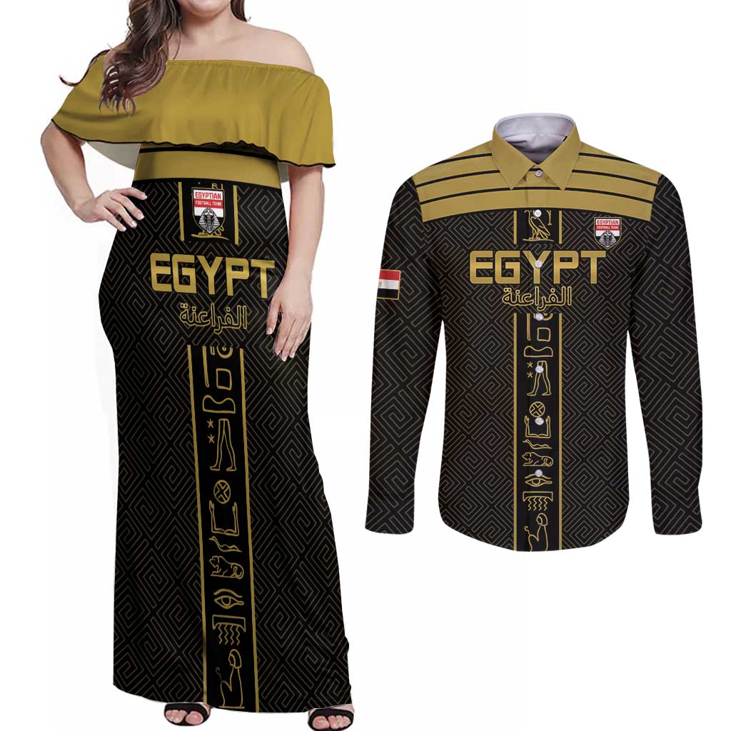 Custom Egypt Football Couples Matching Off Shoulder Maxi Dress and Long Sleeve Button Shirt Yalla Yalla Pharaohs - Black Ver