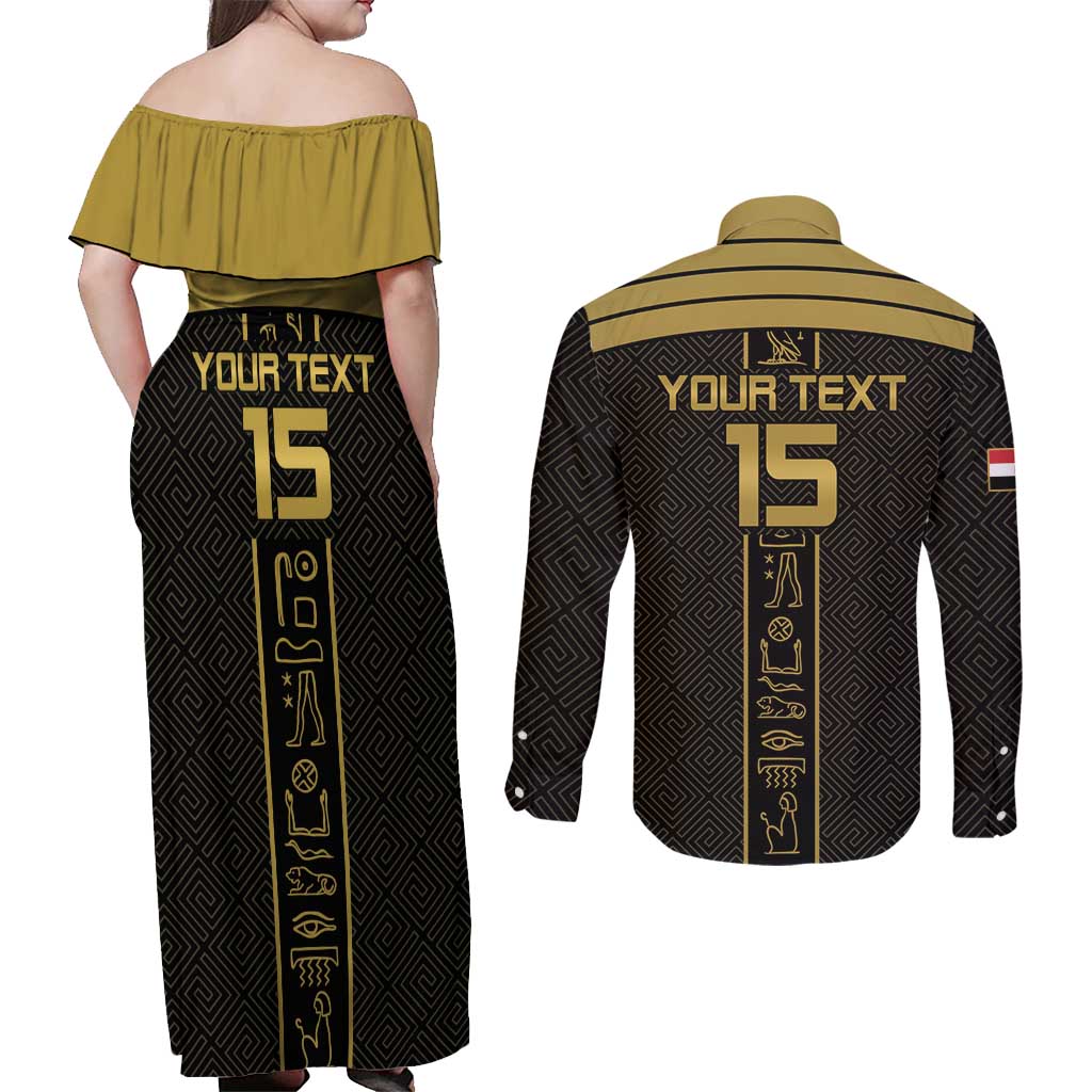 Custom Egypt Football Couples Matching Off Shoulder Maxi Dress and Long Sleeve Button Shirt Yalla Yalla Pharaohs - Black Ver