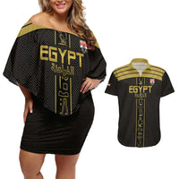 Custom Egypt Football Couples Matching Off Shoulder Short Dress and Hawaiian Shirt Yalla Yalla Pharaohs - Black Ver