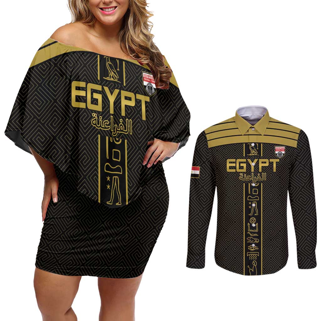 Custom Egypt Football Couples Matching Off Shoulder Short Dress and Long Sleeve Button Shirt Yalla Yalla Pharaohs - Black Ver