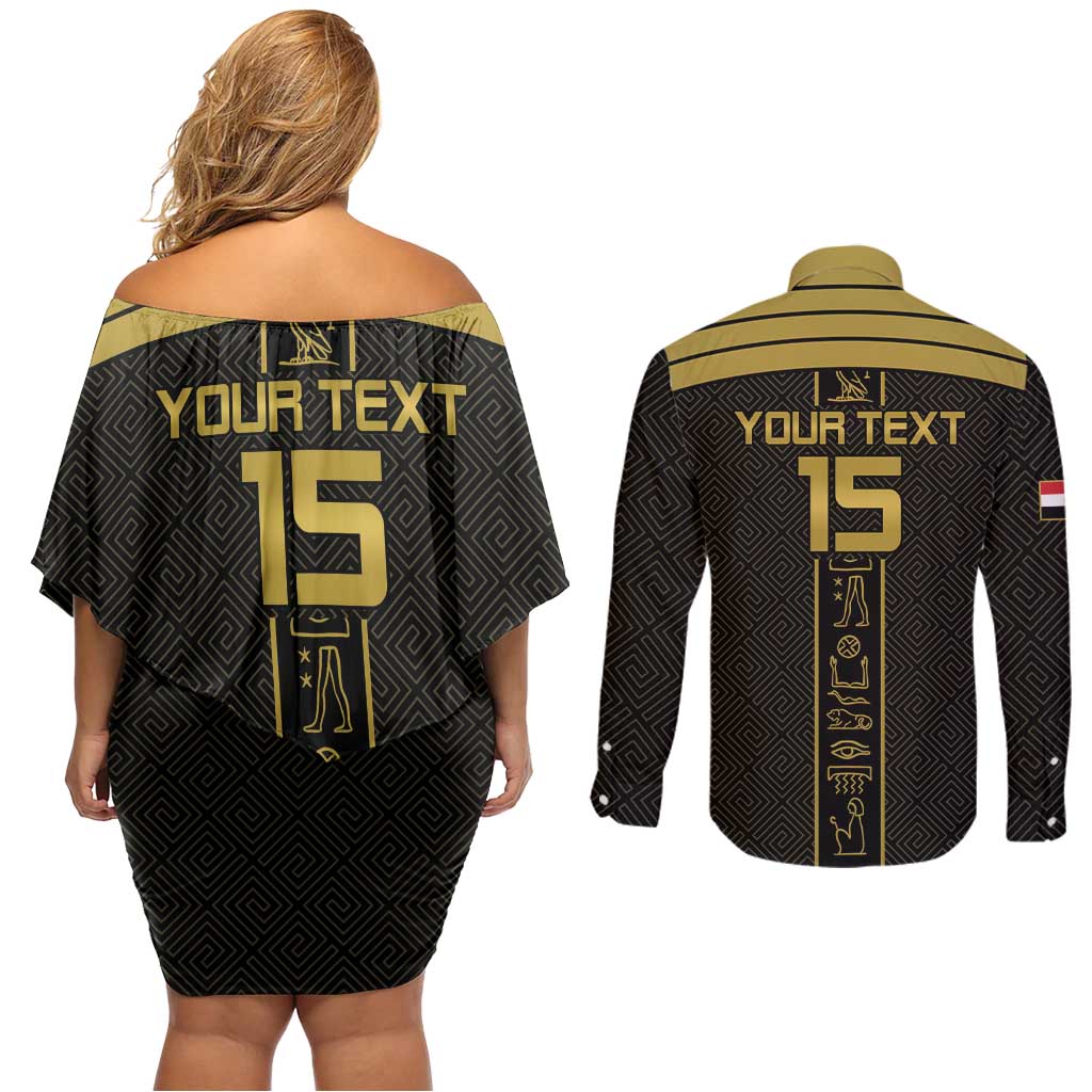 Custom Egypt Football Couples Matching Off Shoulder Short Dress and Long Sleeve Button Shirt Yalla Yalla Pharaohs - Black Ver