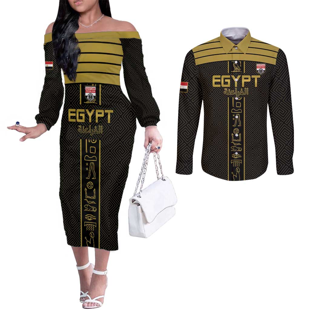 Custom Egypt Football Couples Matching Off The Shoulder Long Sleeve Dress and Long Sleeve Button Shirt Yalla Yalla Pharaohs - Black Ver