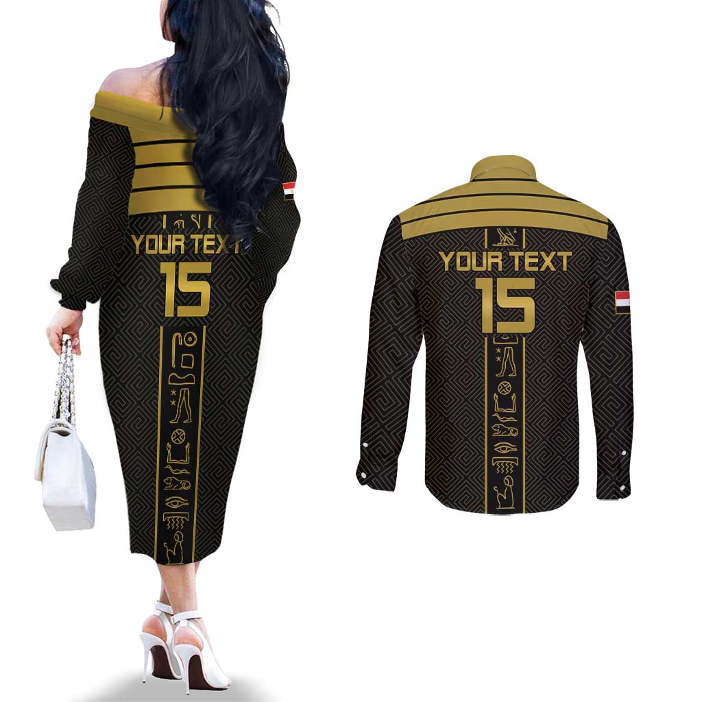 Custom Egypt Football Couples Matching Off The Shoulder Long Sleeve Dress and Long Sleeve Button Shirt Yalla Yalla Pharaohs - Black Ver