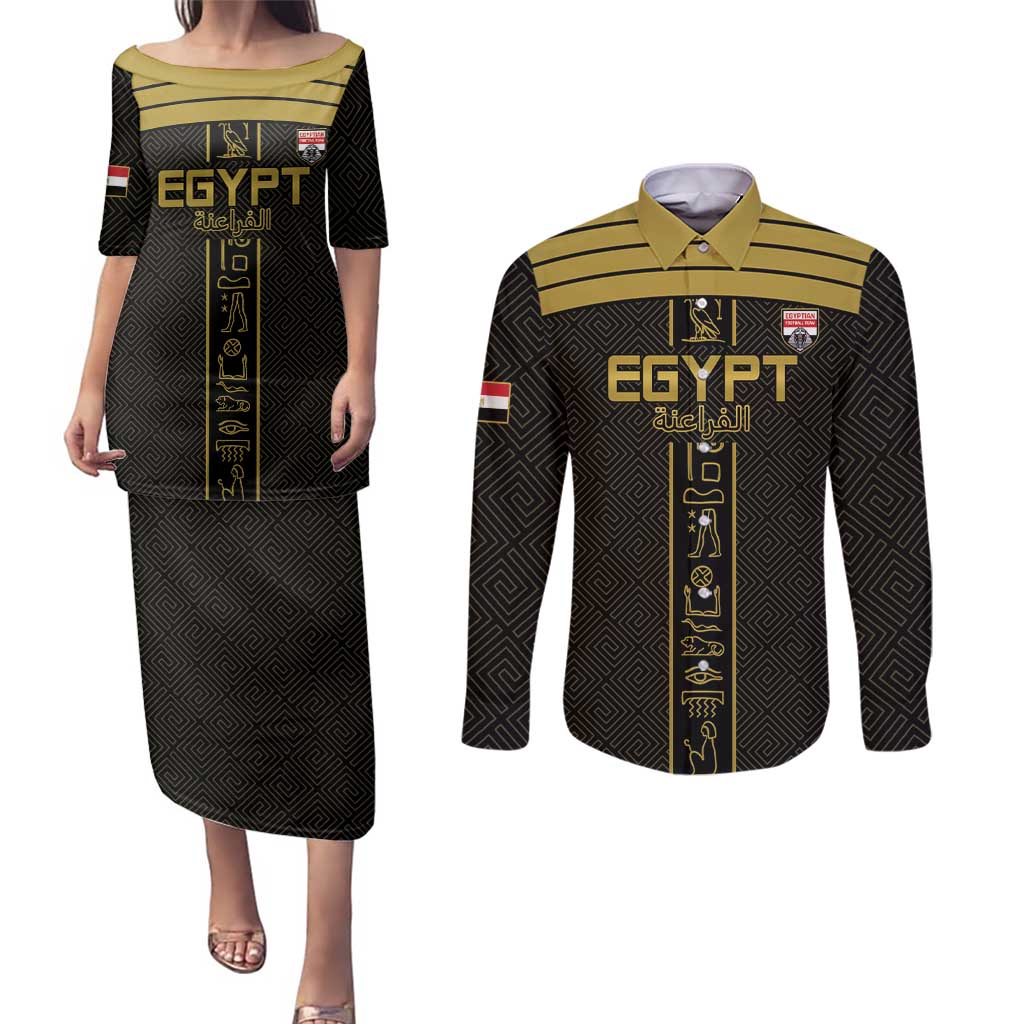 Custom Egypt Football Couples Matching Puletasi and Long Sleeve Button Shirt Yalla Yalla Pharaohs - Black Ver