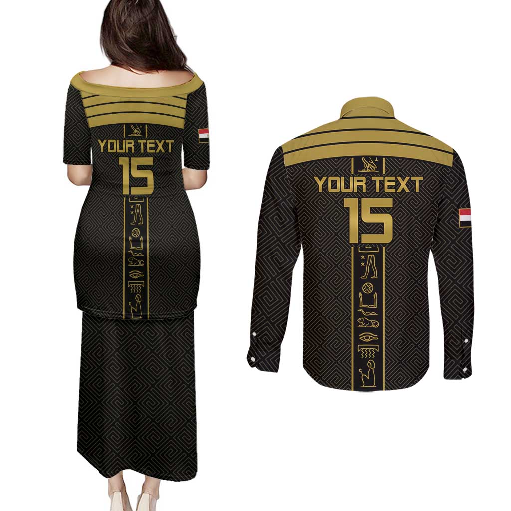Custom Egypt Football Couples Matching Puletasi and Long Sleeve Button Shirt Yalla Yalla Pharaohs - Black Ver