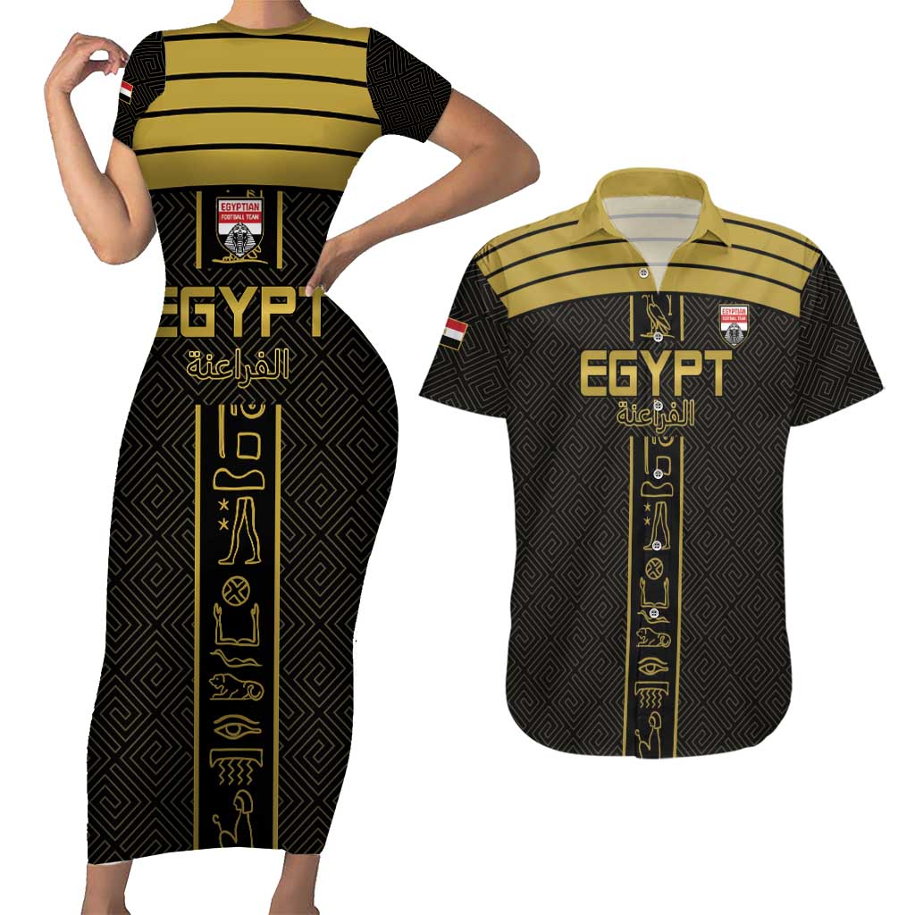 Custom Egypt Football Couples Matching Short Sleeve Bodycon Dress and Hawaiian Shirt Yalla Yalla Pharaohs - Black Ver