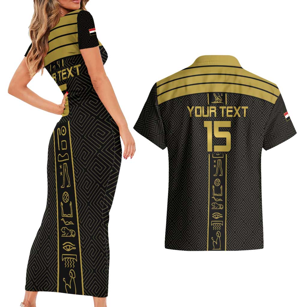 Custom Egypt Football Couples Matching Short Sleeve Bodycon Dress and Hawaiian Shirt Yalla Yalla Pharaohs - Black Ver