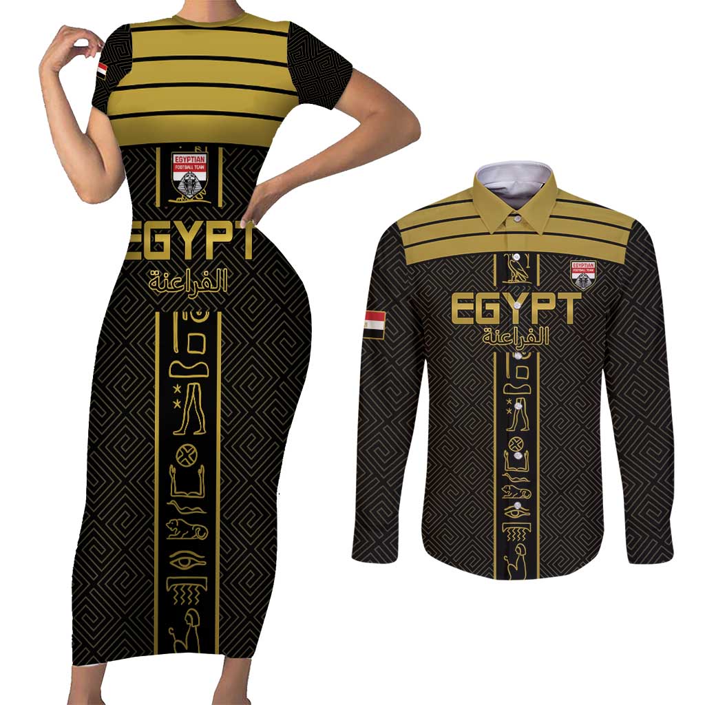 Custom Egypt Football Couples Matching Short Sleeve Bodycon Dress and Long Sleeve Button Shirt Yalla Yalla Pharaohs - Black Ver