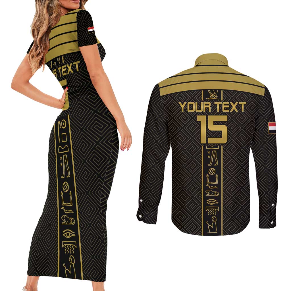 Custom Egypt Football Couples Matching Short Sleeve Bodycon Dress and Long Sleeve Button Shirt Yalla Yalla Pharaohs - Black Ver