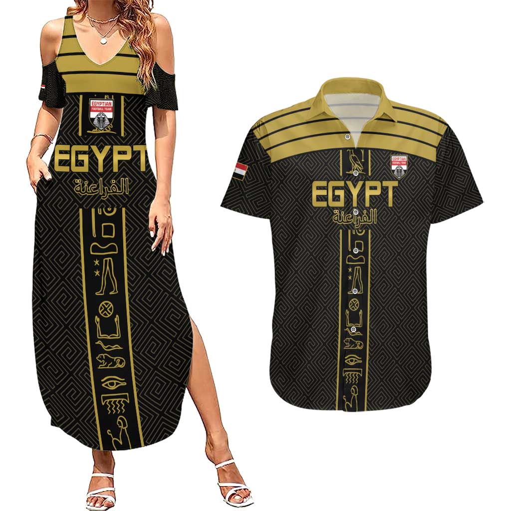 Custom Egypt Football Couples Matching Summer Maxi Dress and Hawaiian Shirt Yalla Yalla Pharaohs - Black Ver