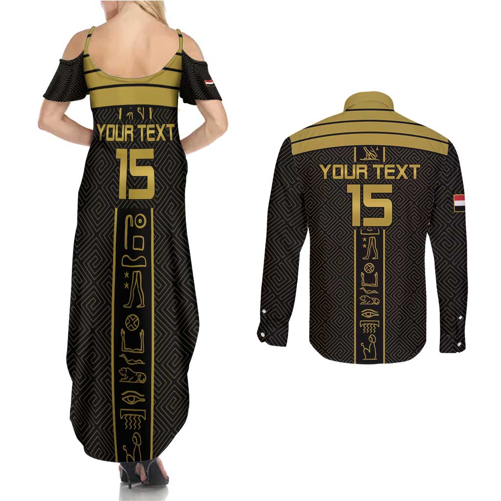 Custom Egypt Football Couples Matching Summer Maxi Dress and Long Sleeve Button Shirt Yalla Yalla Pharaohs - Black Ver