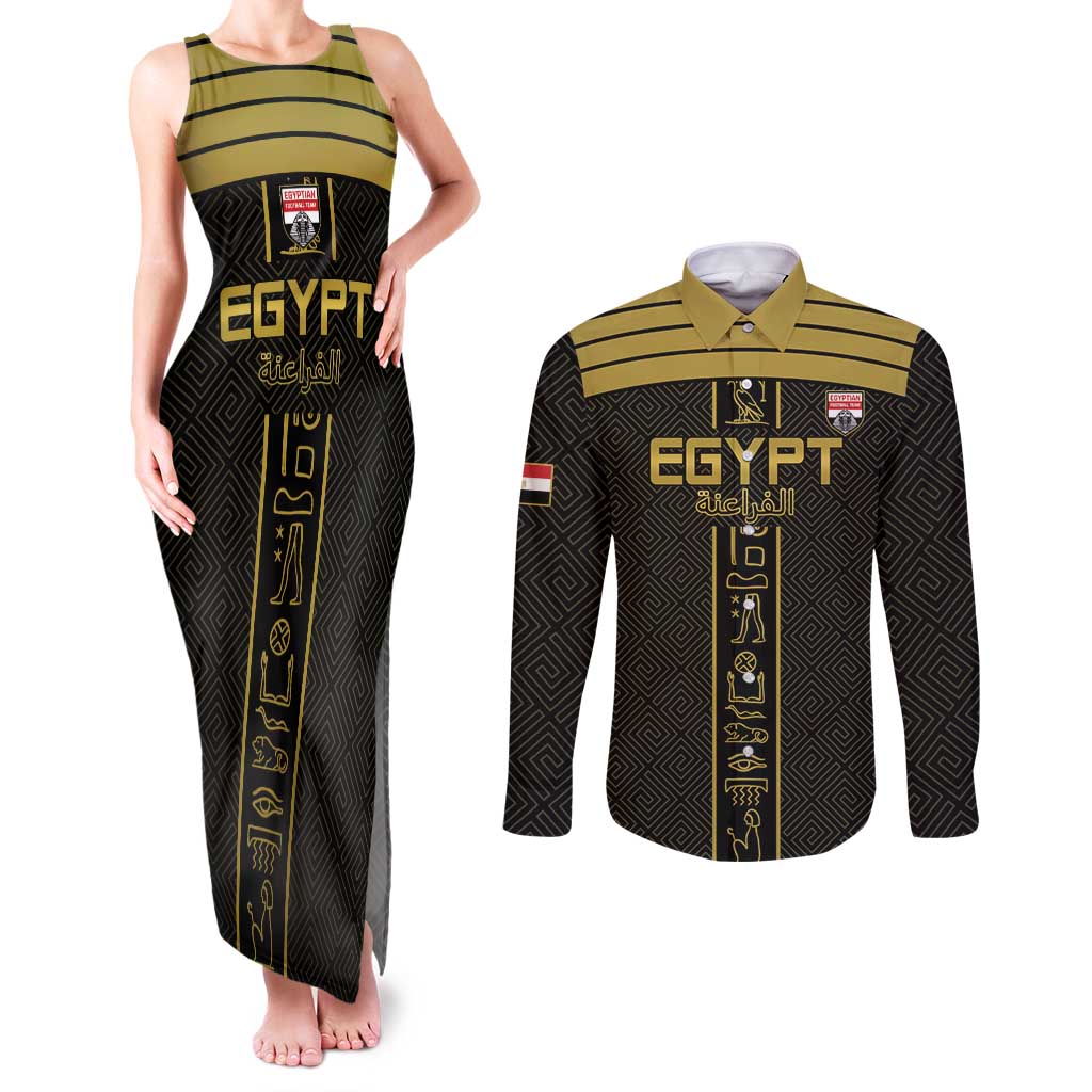 Custom Egypt Football Couples Matching Tank Maxi Dress and Long Sleeve Button Shirt Yalla Yalla Pharaohs - Black Ver