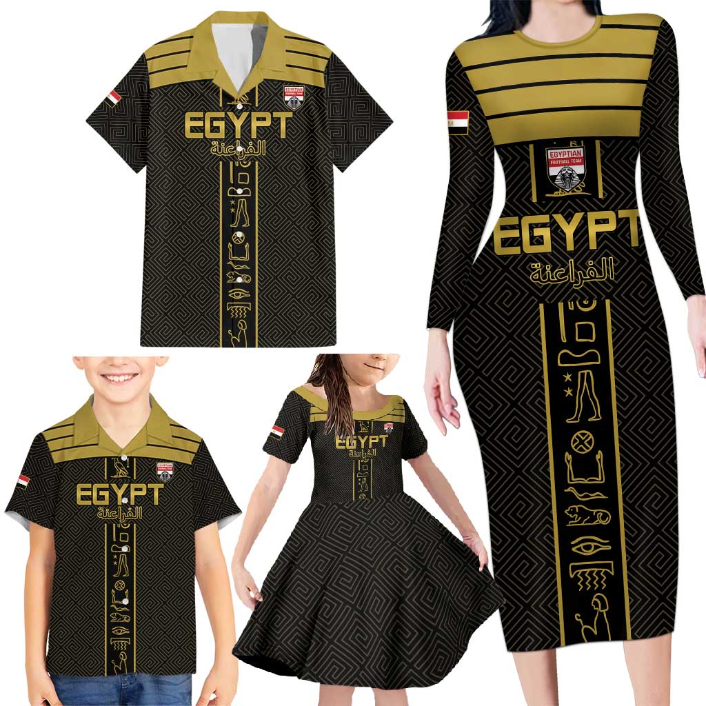 Custom Egypt Football Family Matching Long Sleeve Bodycon Dress and Hawaiian Shirt Yalla Yalla Pharaohs - Black Ver