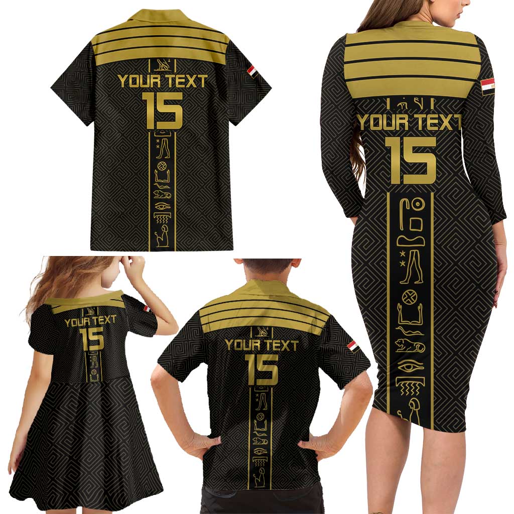 Custom Egypt Football Family Matching Long Sleeve Bodycon Dress and Hawaiian Shirt Yalla Yalla Pharaohs - Black Ver