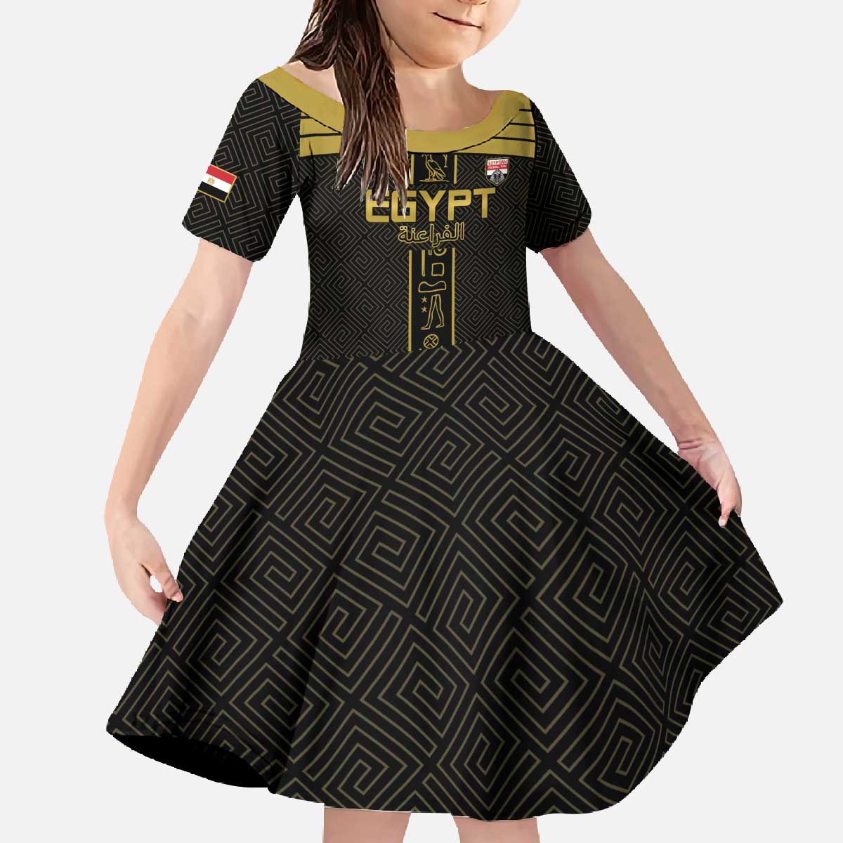 Custom Egypt Football Family Matching Off The Shoulder Long Sleeve Dress and Hawaiian Shirt Yalla Yalla Pharaohs - Black Ver