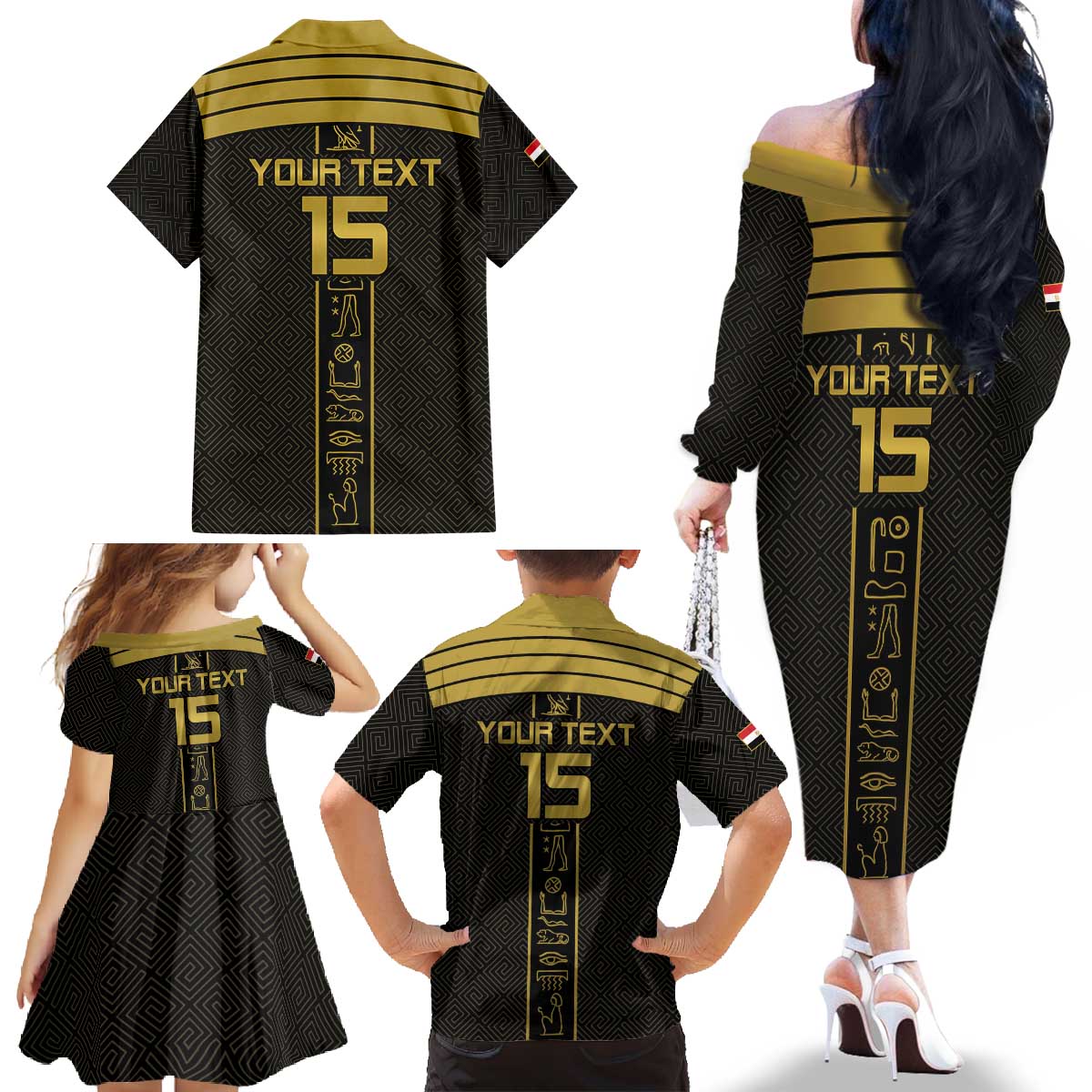 Custom Egypt Football Family Matching Off The Shoulder Long Sleeve Dress and Hawaiian Shirt Yalla Yalla Pharaohs - Black Ver