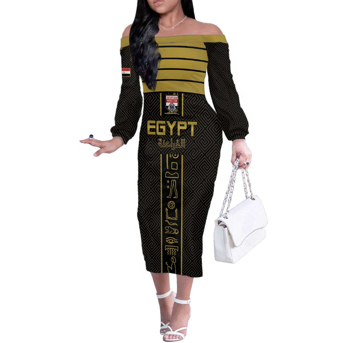 Custom Egypt Football Family Matching Off The Shoulder Long Sleeve Dress and Hawaiian Shirt Yalla Yalla Pharaohs - Black Ver
