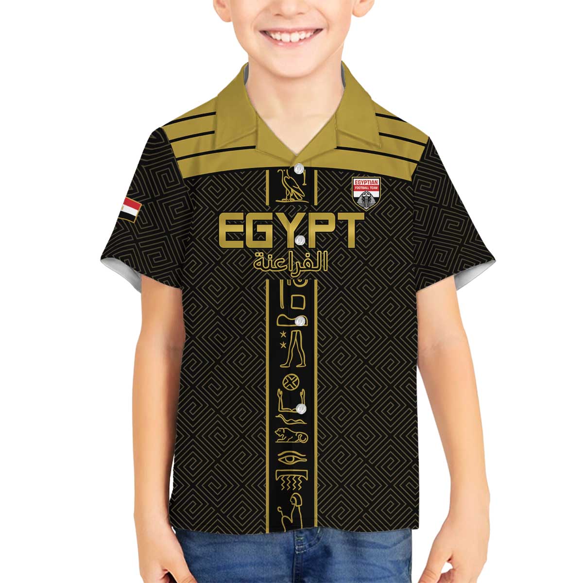 Custom Egypt Football Family Matching Off The Shoulder Long Sleeve Dress and Hawaiian Shirt Yalla Yalla Pharaohs - Black Ver
