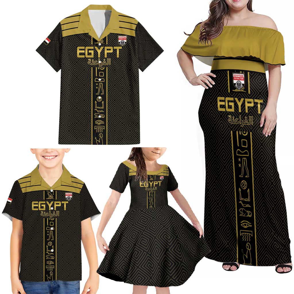 Custom Egypt Football Family Matching Off Shoulder Maxi Dress and Hawaiian Shirt Yalla Yalla Pharaohs - Black Ver