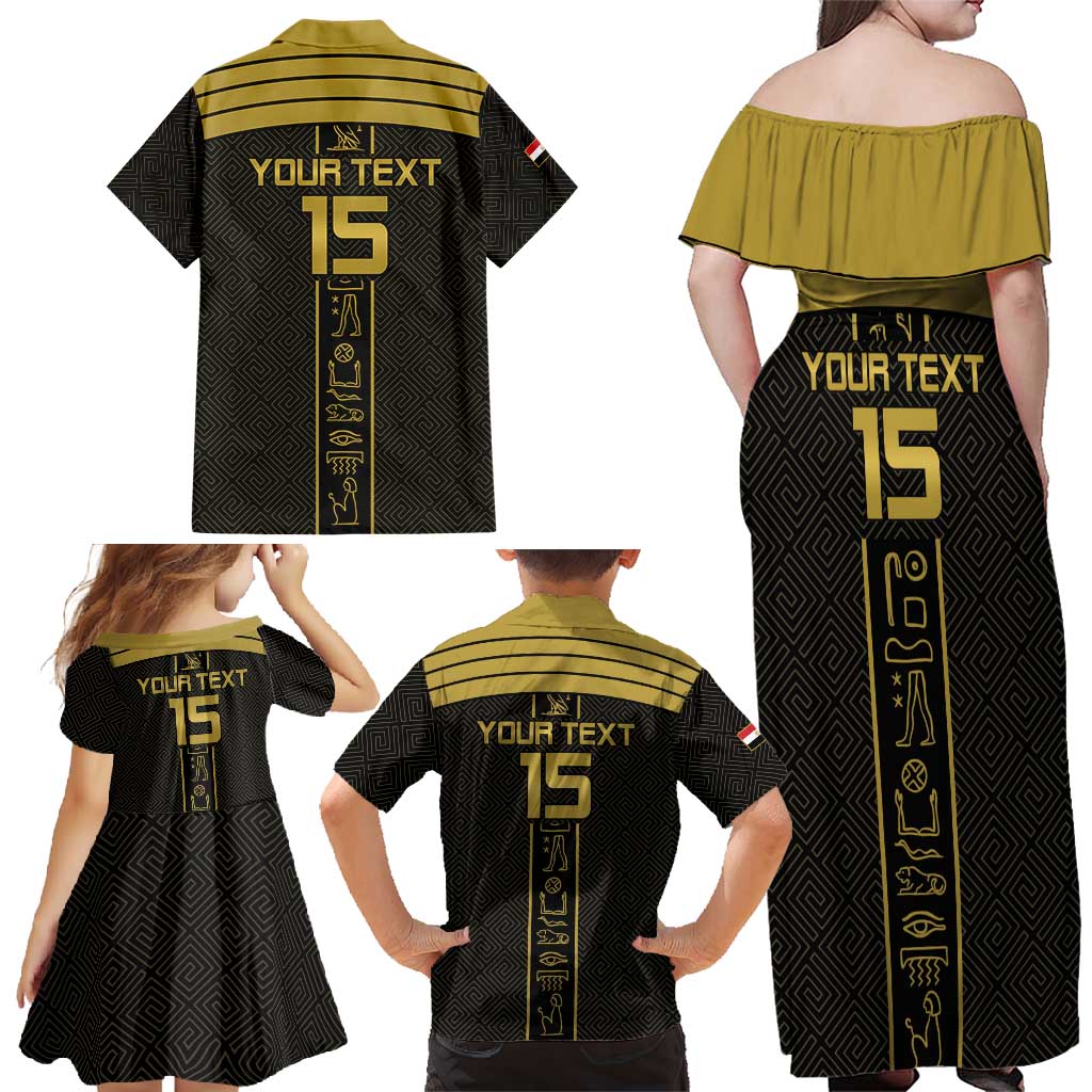 Custom Egypt Football Family Matching Off Shoulder Maxi Dress and Hawaiian Shirt Yalla Yalla Pharaohs - Black Ver