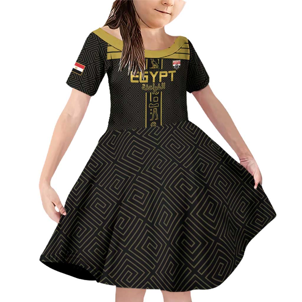 Custom Egypt Football Family Matching Off Shoulder Short Dress and Hawaiian Shirt Yalla Yalla Pharaohs - Black Ver