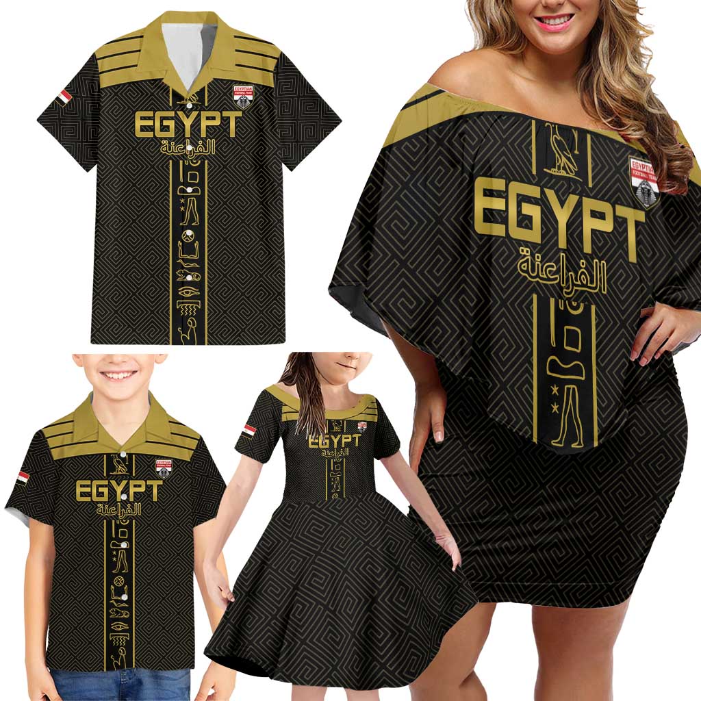 Custom Egypt Football Family Matching Off Shoulder Short Dress and Hawaiian Shirt Yalla Yalla Pharaohs - Black Ver