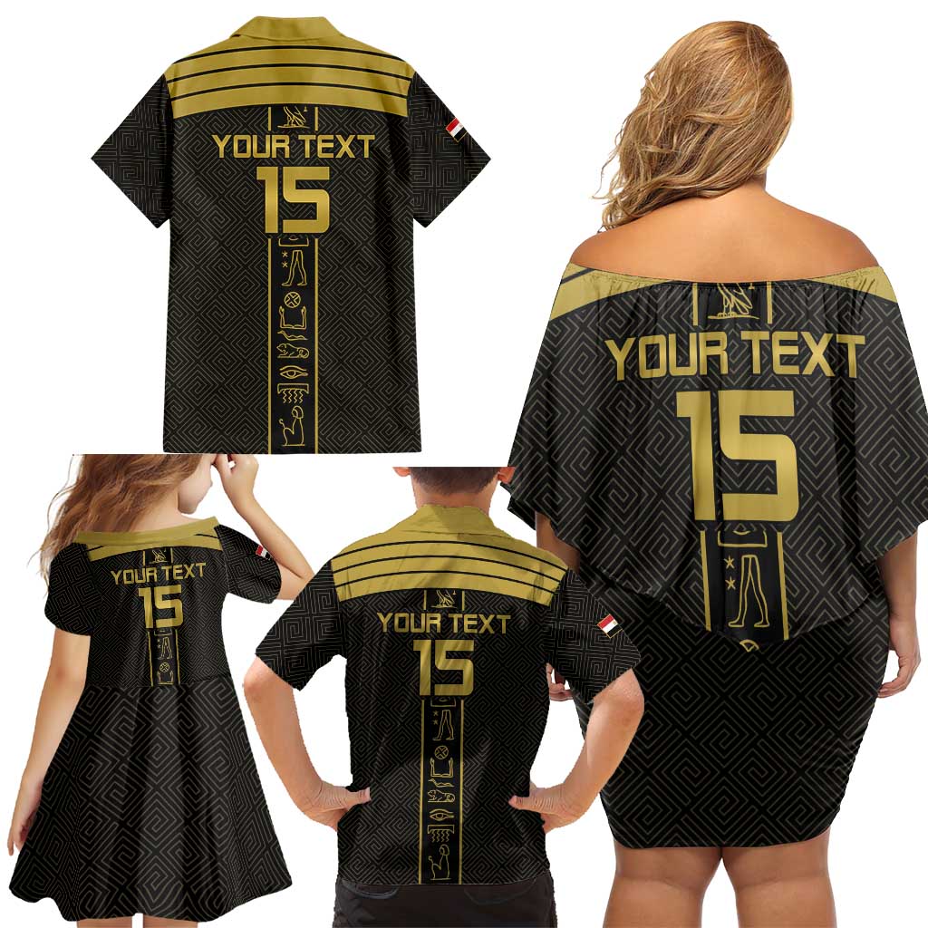 Custom Egypt Football Family Matching Off Shoulder Short Dress and Hawaiian Shirt Yalla Yalla Pharaohs - Black Ver
