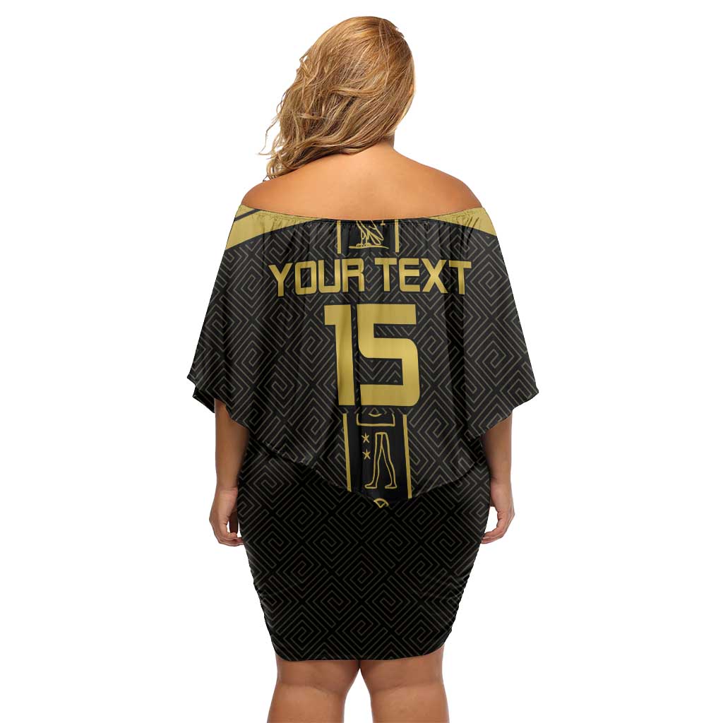 Custom Egypt Football Family Matching Off Shoulder Short Dress and Hawaiian Shirt Yalla Yalla Pharaohs - Black Ver