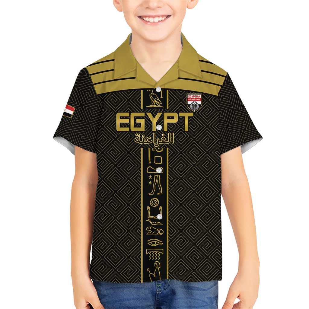 Custom Egypt Football Family Matching Off Shoulder Short Dress and Hawaiian Shirt Yalla Yalla Pharaohs - Black Ver