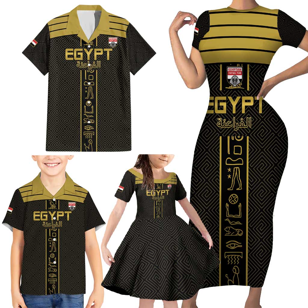 Custom Egypt Football Family Matching Short Sleeve Bodycon Dress and Hawaiian Shirt Yalla Yalla Pharaohs - Black Ver