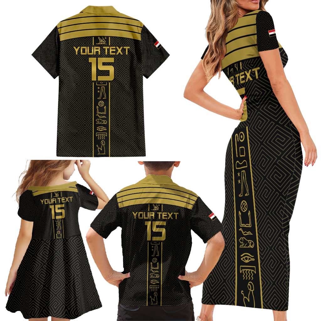 Custom Egypt Football Family Matching Short Sleeve Bodycon Dress and Hawaiian Shirt Yalla Yalla Pharaohs - Black Ver